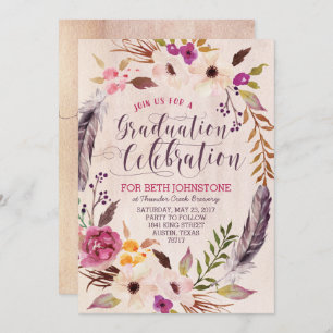 Rustic Boho Floral Wreath Graduation Invitations