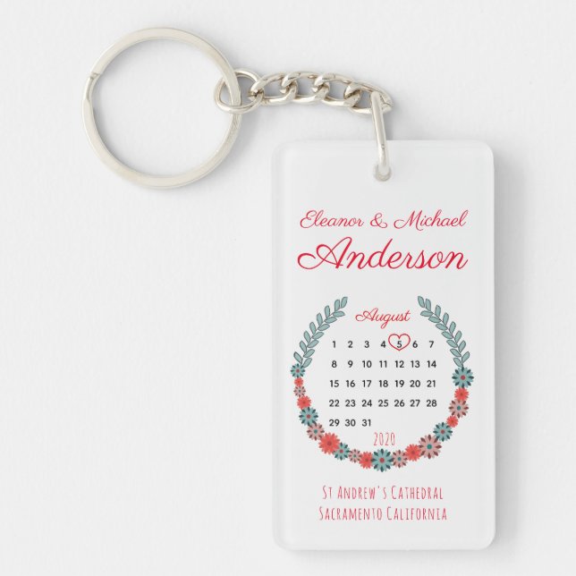 Rustic Boho Flowers Wedding Anniversary Calendar Key Ring (Front)