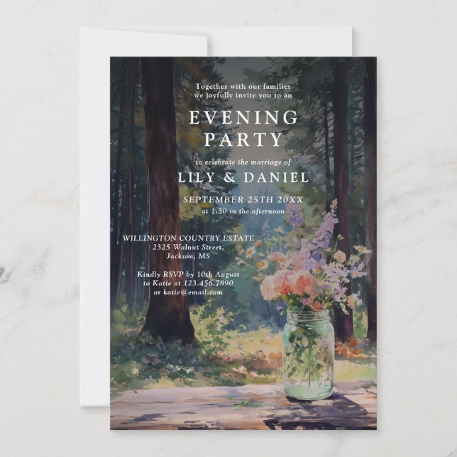  Rustic Boho Forest Floral Mason Jar Evening Party Invitation (Front)