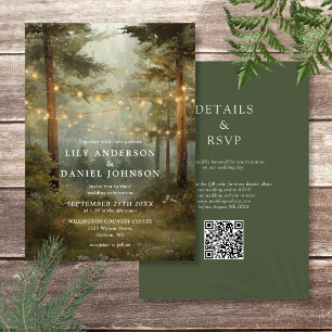 Rustic Boho Forest String Lights QR Code Wedding Invitation