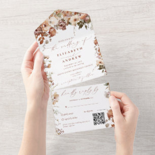 Rustic Boho Garden Flowers QR Code Wedding All In One Invitation