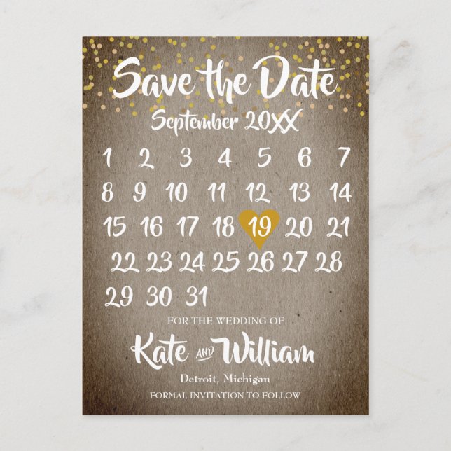 Rustic Boho Gold Love Heart Calendar Save the Date Announcement Postcard (Front)