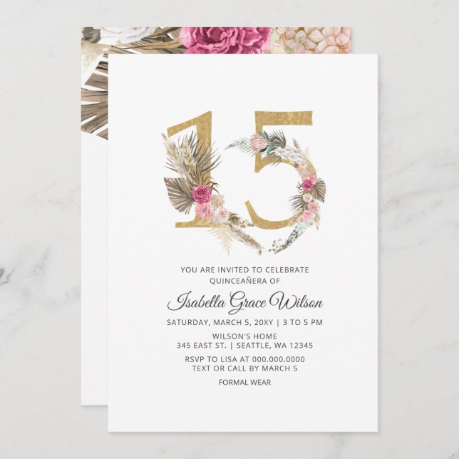 Rustic Boho Gold Pampas QUINCEANERA Invitation (Front/Back)