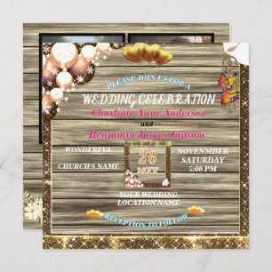 Rustic Boho Golden Glitter Wooden Wedding Invitation