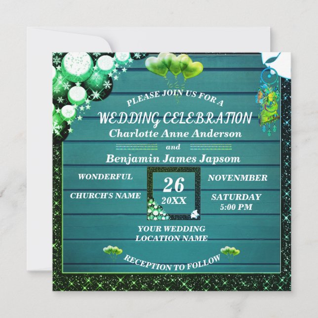  Rustic Boho Green  Glitter Wooden  Wedding  Invitation (Front)