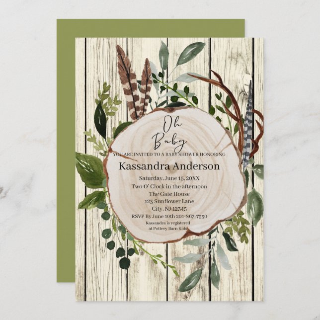 Rustic Boho Greenery Baby Shower Invitation (Front/Back)
