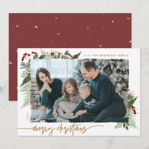 Rustic Boho Greenery Gold Dry Brush Effect Photo Holiday Card