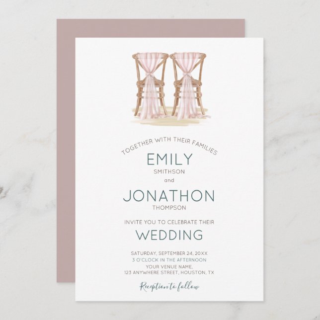 Rustic Boho Happy Couple Organza Chairs Wedding Invitation (Front/Back)