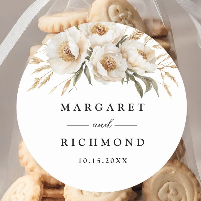 Rustic Boho Ivory Floral Wedding Classic Round Sticker (Creator Uploaded)