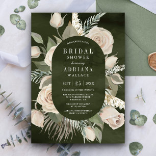 Rustic Boho Ivory Roses Dark Sage Bridal Shower Invitation