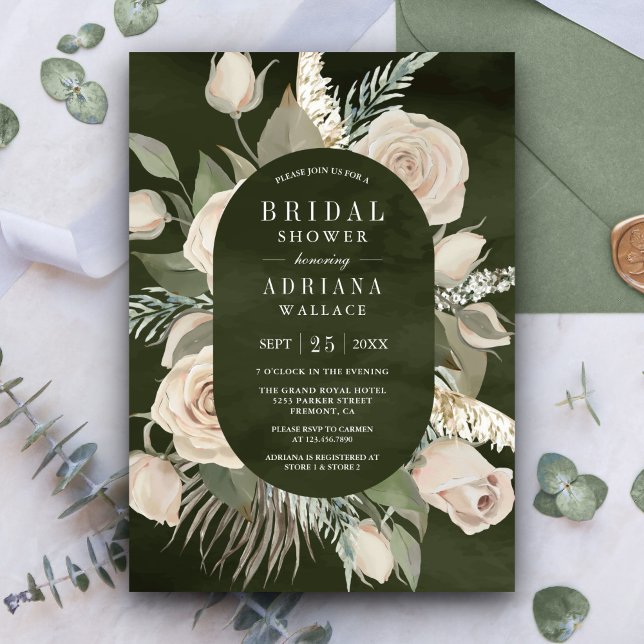 Rustic Boho Ivory Roses Dark Sage Bridal Shower Invitation (Creator Uploaded)