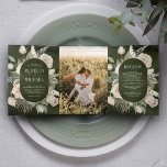 Rustic Boho Ivory Roses Dark Sage Green Wedding Tri-Fold Invitation<br><div class="desc">Amaze your guests with this elegant wedding invite featuring beautiful flowers and rustic pampas grass with modern typography. Simply add your event details on this easy-to-use template and adorn this card with your favourite photos to make it a one-of-a-kind invitation.</div>