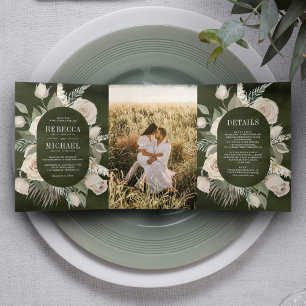 Rustic Boho Ivory Roses Dark Sage Green Wedding Tri-Fold Invitation