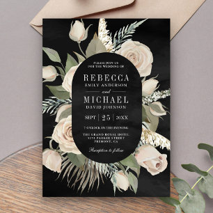 Rustic Boho Ivory Roses Sage Green Black Wedding Invitation