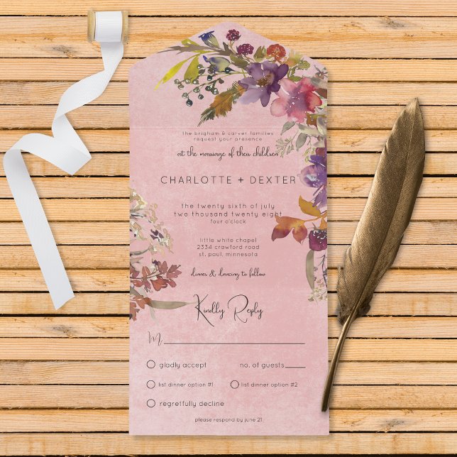 Rustic Boho Jewel Tone Florals Pink Dinner All In One Invitation (Creator Uploaded)