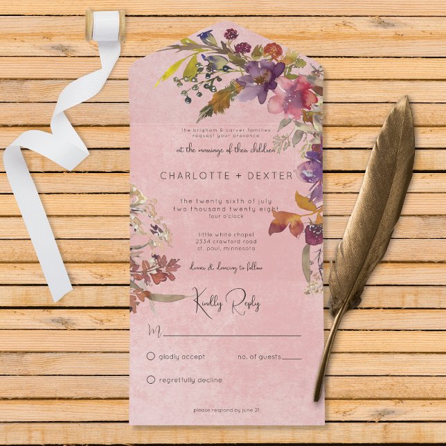 Rustic Boho Jewel Tone Florals Pink No Dinner All In One Invitation (Creator Uploaded)