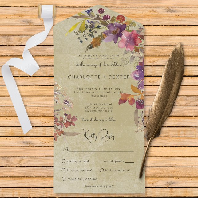 Rustic Boho Jewel Tone Florals Sage Dinner All In One Invitation (Creator Uploaded)
