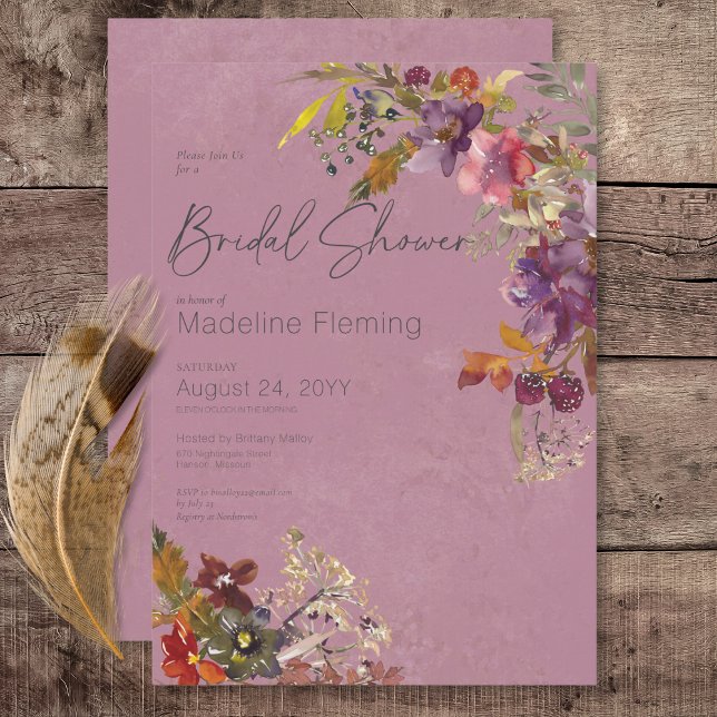 Rustic Boho Jewel Tone Plum Florals Bridal Shower Invitation (Rustic Boho Jewel Tone Plum Florals Bridal Shower Invitation)