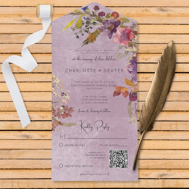Rustic Boho Jewel Tone Purple Florals QR Code  All In One Invitation (Creator Uploaded)