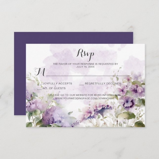 Rustic Boho Lavender Purple Floral Wedding  RSVP Card (Front/Back)