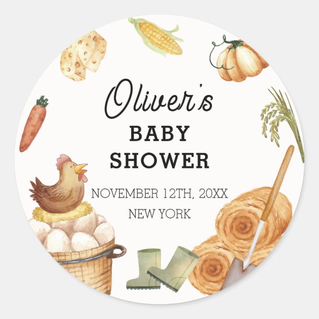 Rustic Boho Locally Grown Farm Chicken Baby Shower Classic Round Sticker (Front)