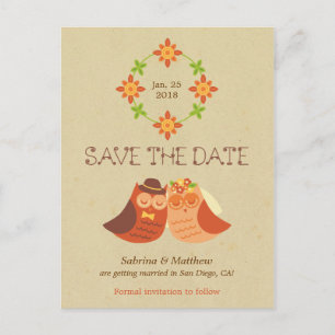 Rustic Boho Lovebird Owl Couple Wedding Announcement Postcard