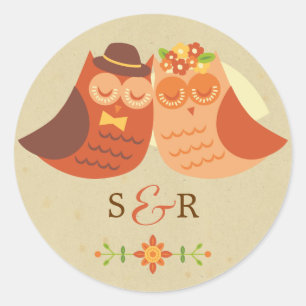 Rustic Boho Lovebird Owl Couple Wedding Classic Round Sticker