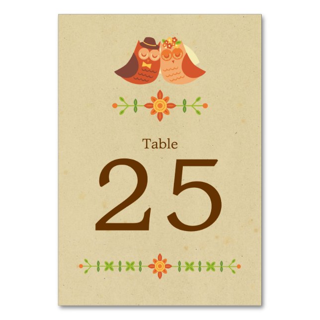 Rustic Boho Lovebird Owl Couple Wedding Table Number (Front)