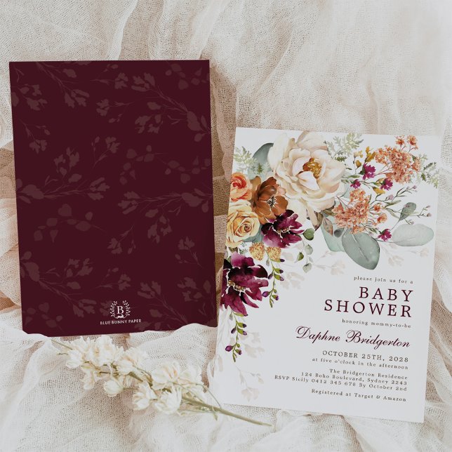 Rustic Boho Maroon Burnt Orange Floral Baby Shower Invitation (Creator Uploaded)