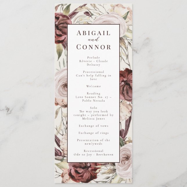 Rustic Boho Marsala Cream Floral Programme (Front)