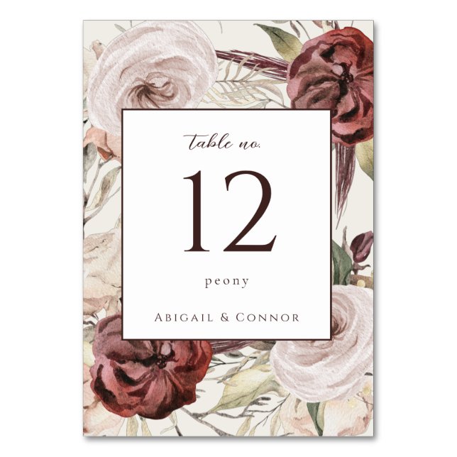 Rustic Boho Marsala Cream Floral Table Number (Front)