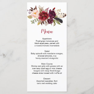 Rustic Boho Marsala Floral Feathers Wedding Menu