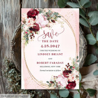Rustic Boho Merlot Blush Gold Flowers Save Date