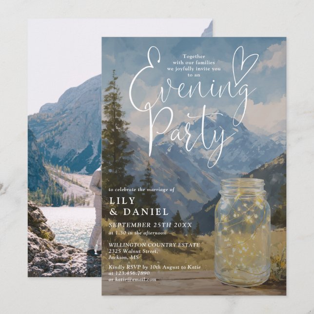 Rustic Boho Mountain Mason Jar Photo Evening Party Invitation (Front/Back)