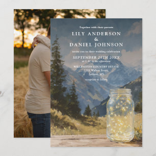 Rustic Boho Mountain Mason Jar Photo Wedding Invitation