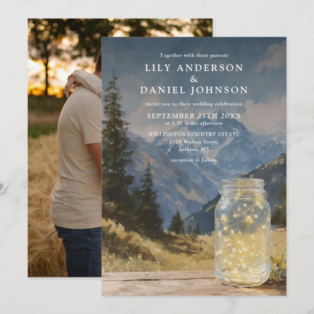 Rustic Boho Mountain Mason Jar Photo Wedding Invitation (Front/Back)
