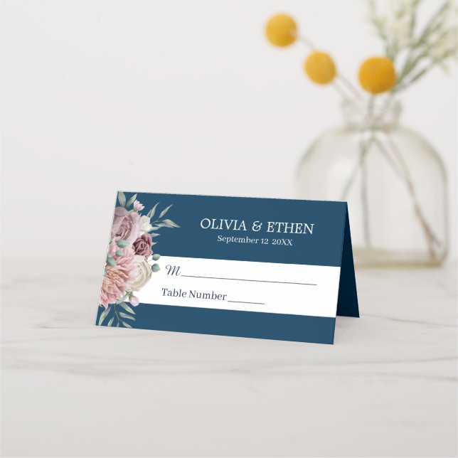 Rustic Boho navy blue floral Place Card (Front)