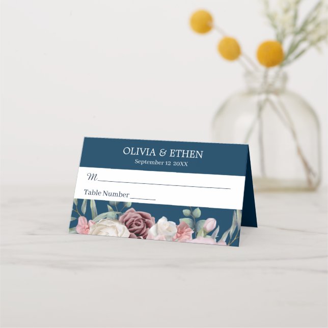 Rustic Boho navy blue floral Place Card (Front)