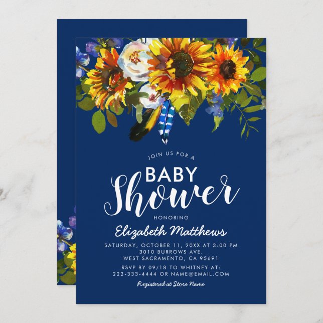 Rustic Boho Navy Blue Sunflower Baby Shower Invitation (Front/Back)