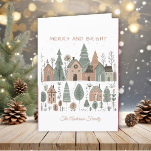 Rustic Boho Neutral Earth Tone Minimalist Village Holiday Card
