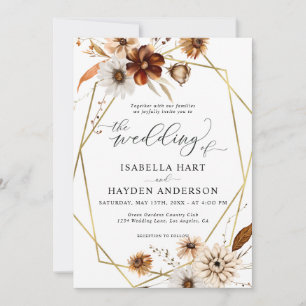 Rustic Boho Neutral Floral Gold Frame Wedding Invitation