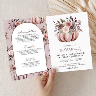 Rustic Boho Neutral Pumpkin Floral QR Code Wedding Invitation