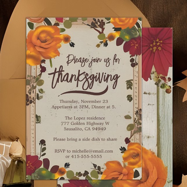 Rustic Boho Orange Fall Floral Thanksgiving Dinner Invitation (Boho floral border Thanksgiving dinner party invitation with orange roses)