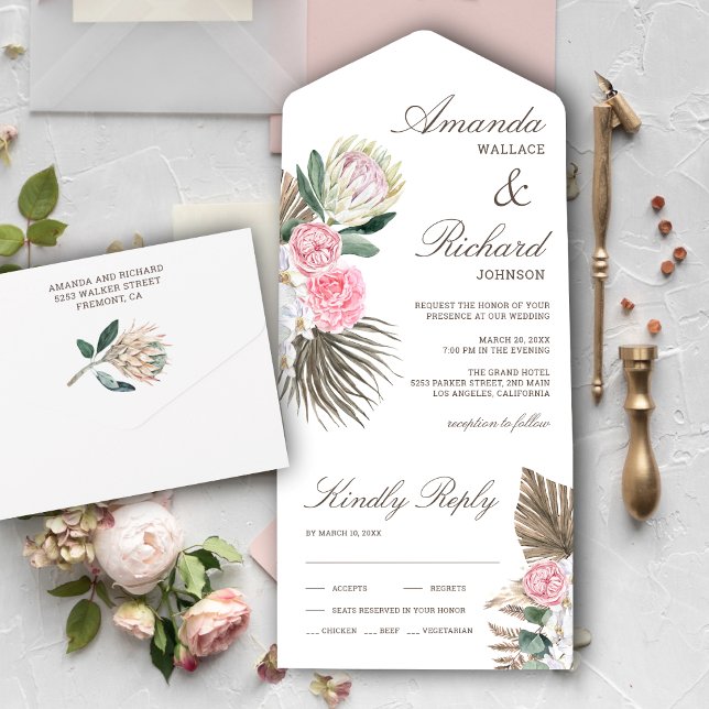 Rustic Boho Palm Blush Pink Protea Floral Wedding All In One Invitation (Creator Uploaded)