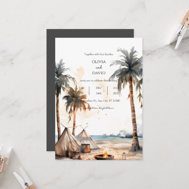 Rustic Boho Palm Coastal Landscape Beach Wedding Invitation (Front/Back In Situ)