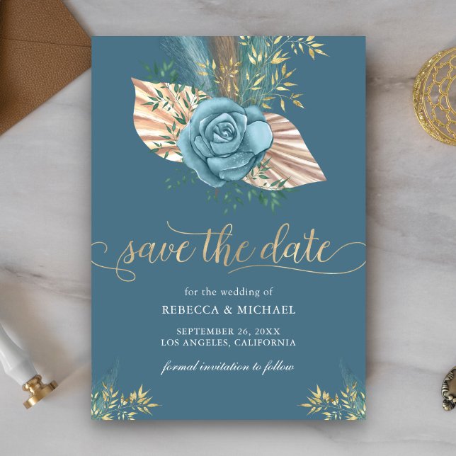Rustic Boho Palm Dusty Blue Floral Wedding Save The Date (Creator Uploaded)