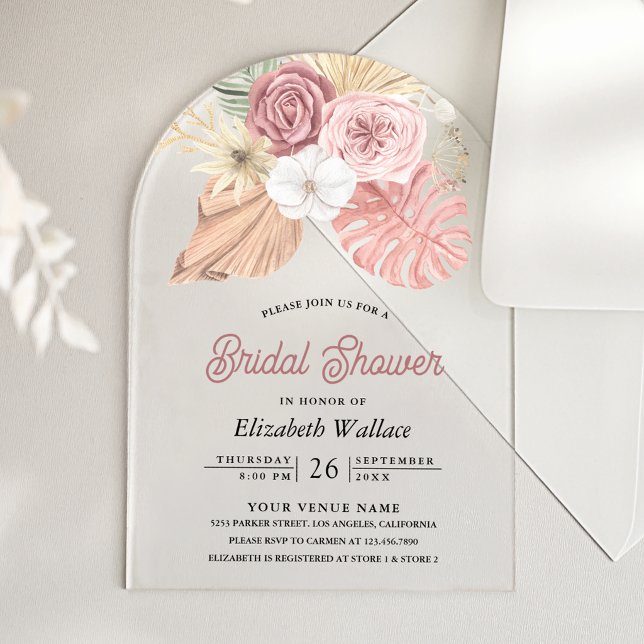 Rustic Boho Palm Dusty Pink Roses Bridal Shower Acrylic Invitations (Creator Uploaded)