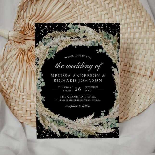 Rustic Boho Pampas Eucalyptus Wreath Black Wedding Invitation (Creator Uploaded)