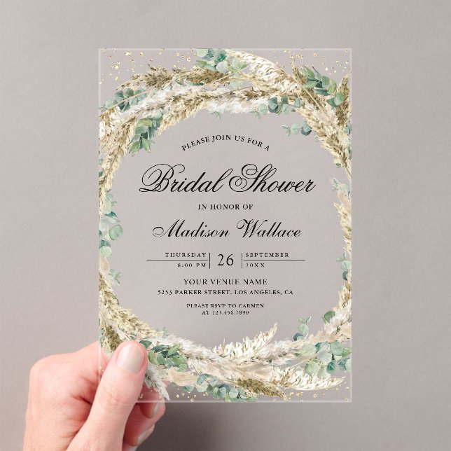 Rustic Boho Pampas Eucalyptus Wreath Bridal Shower Acrylic Invitations (Insitu (Handheld))