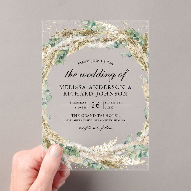 Rustic Boho Pampas Eucalyptus Wreath Wedding Acrylic Invitations (Insitu (Handheld))